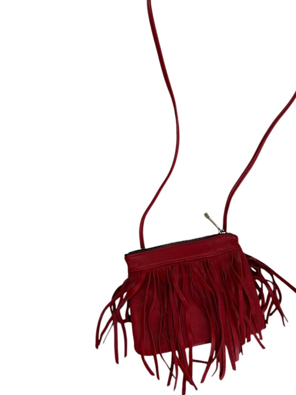 GG Boss red genuine leather fringe trim small cross body FESTIVAL bag purse 7x6